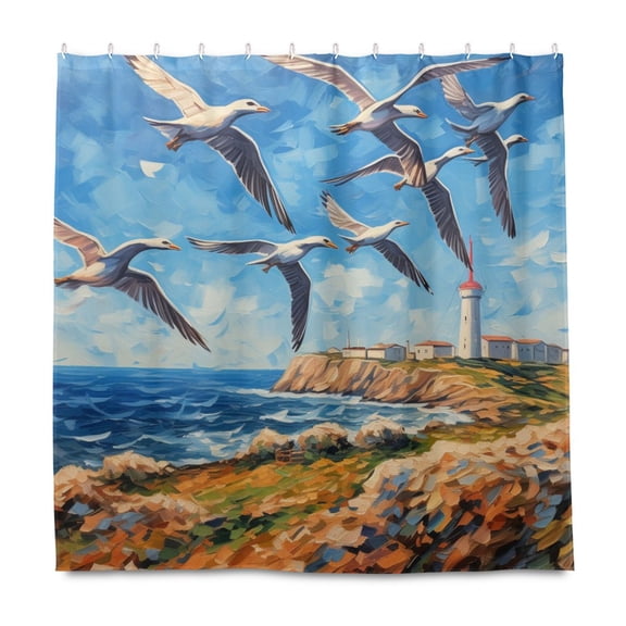 Dailycode Shower Curtain Liners 72x72in Water Resistant Machine Washable Rustproof Grommets Fabric Bath Curtain, Seagull and Seaside City