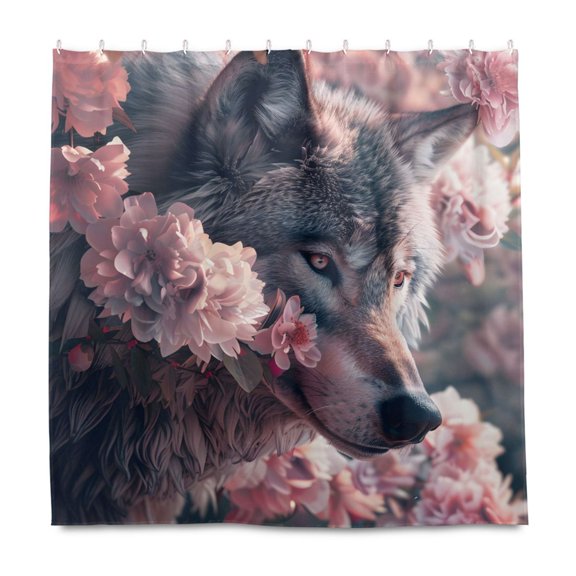 Dailycode Shower Curtain Liners 72x72in Water Resistant Machine Washable Rustproof Grommets Fabric Bath Curtain, Wolf and Cherry Blossoms