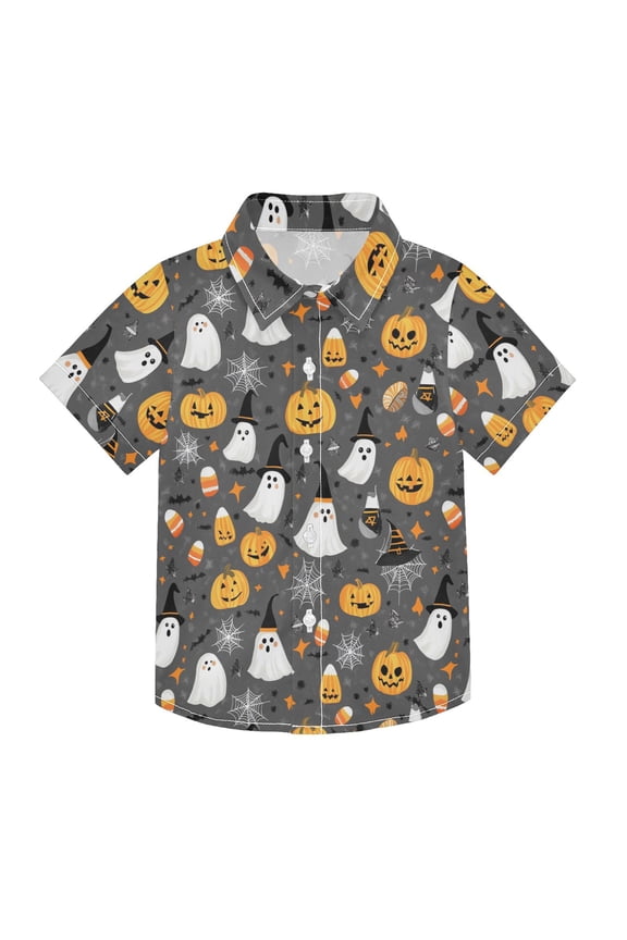 Small Short Sleeve Button Down Shirts Adorable Ghost Pumpkin Spiderweb Casual Shirt 3-10 Years