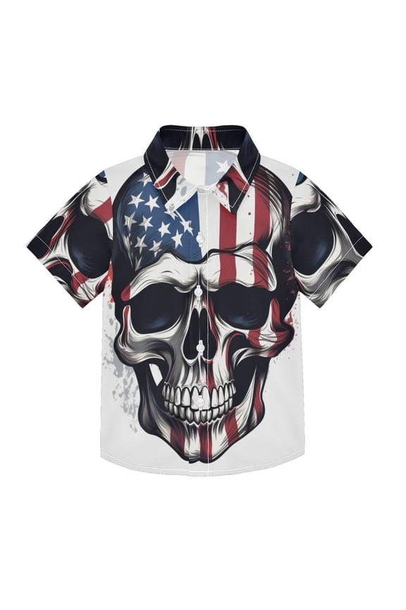 Small Short Sleeve Button Down Shirts American Flag Skull Casual Shirt 3-10 Years