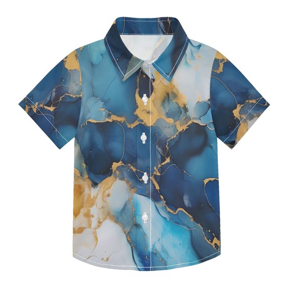 Dailycode Small Short Sleeve Button Down Shirts Azure Blue Gold Marble Casual Shirt 3-10 Years