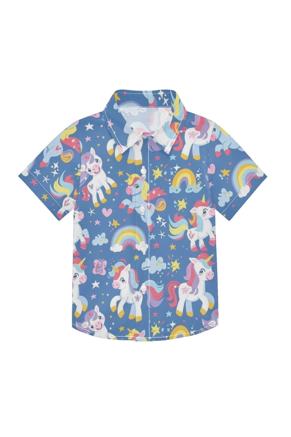 Small Short Sleeve Button Down Shirts Baby Unicorns Heart Rainbow Casual Shirt 3-10 Years