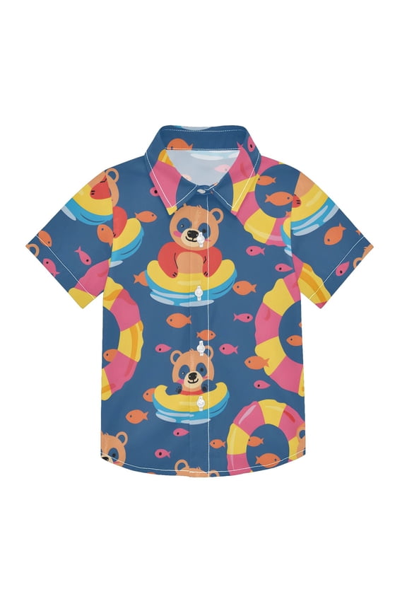 Small Short Sleeve Button Down Shirts Bear Swimming Circle Fish Casual Shirt 3-10 Years