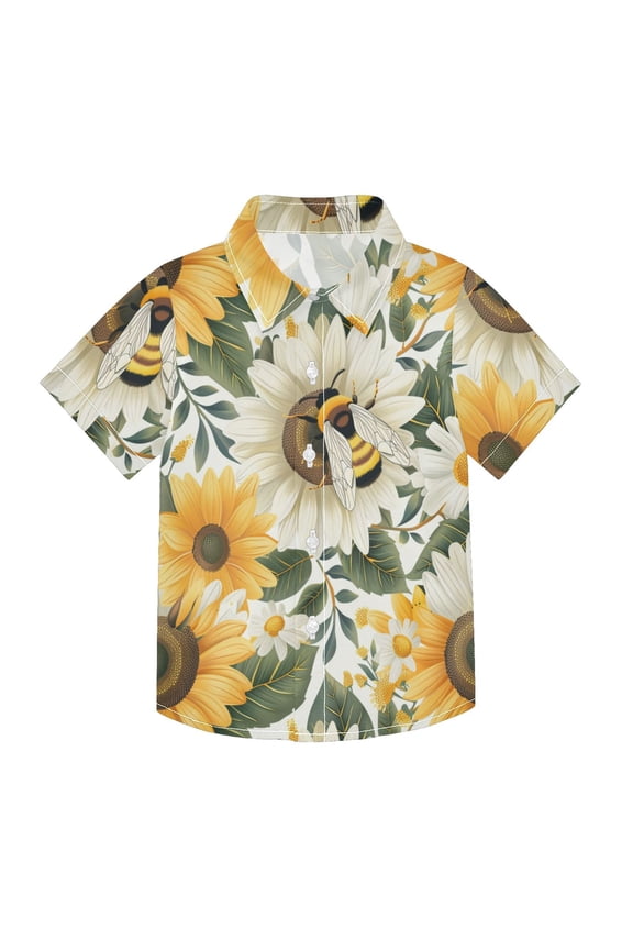 Small Short Sleeve Button Down Shirts Bee and Sunflowers Casual Shirt 3-10 Years