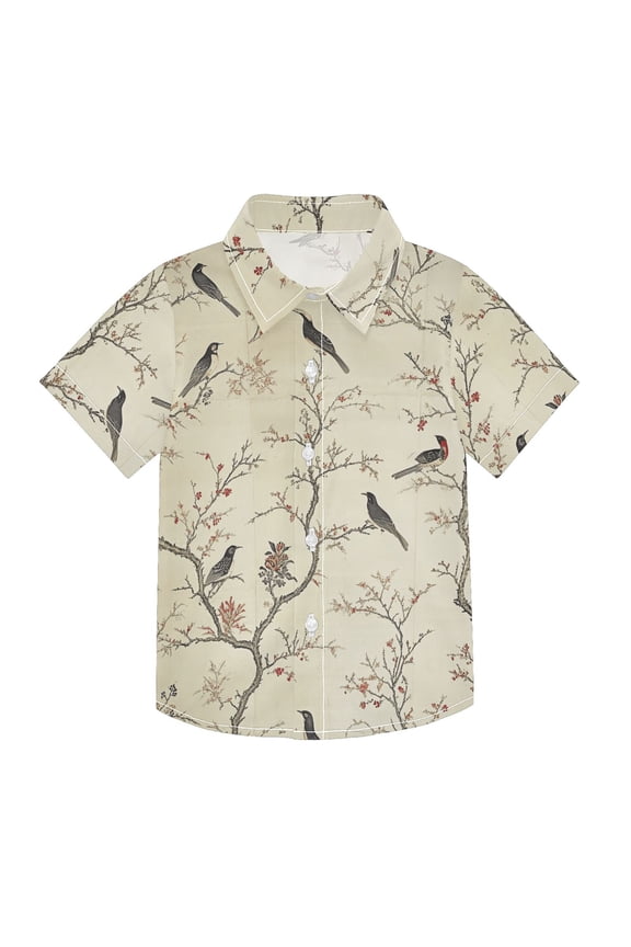 Small Short Sleeve Button Down Shirts Birds on Tree Branch Casual Shirt 3-10 Years