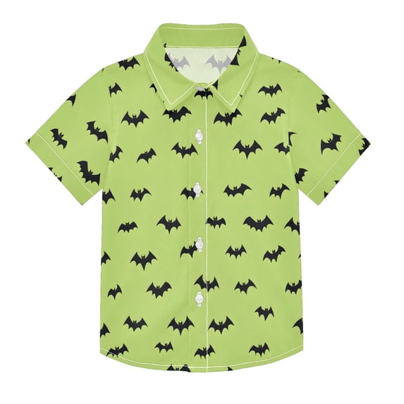 Dailycode Small Short Sleeve Button Down Shirts Black Bat on Green Casual Shirt 3-10 Years