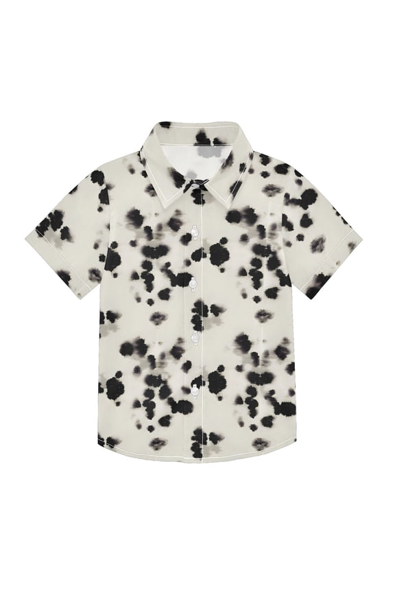 Small Short Sleeve Button Down Shirts Black Cow Spots Casual Shirt 3-10 Years