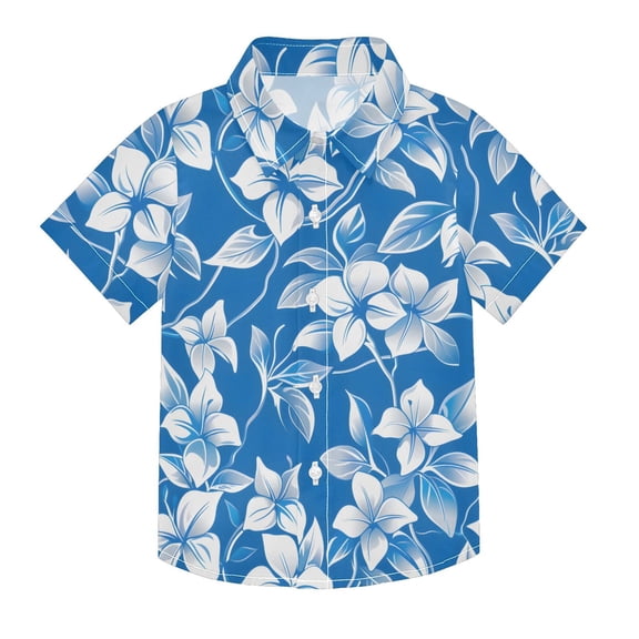 Dailycode Small Short Sleeve Button Down Shirts Blue White Flower Casual Shirt 3-10 Years