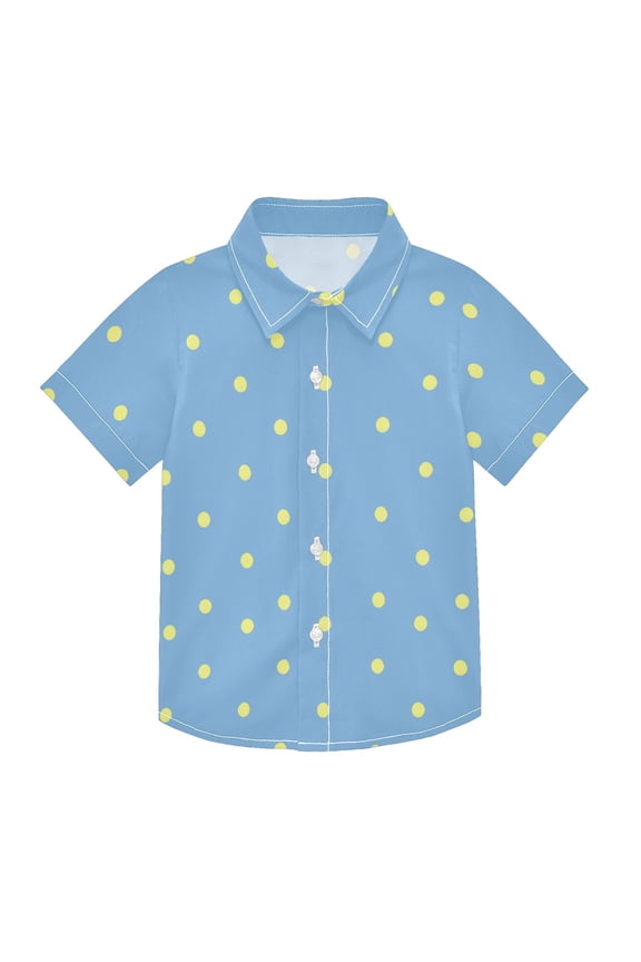 Small Short Sleeve Button Down Shirts Blue Yellow Polka Dot Casual Shirt 3-10 Years