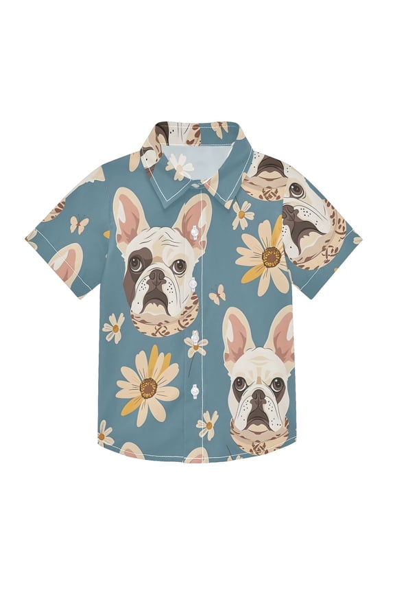Small Short Sleeve Button Down Shirts Bulldog Scarf Daisy Casual Shirt 3-10 Years