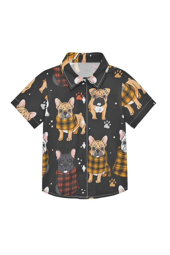 Small Short Sleeve Button Down Shirts Bulldog with Scarf Casual Shirt 3-10 Years