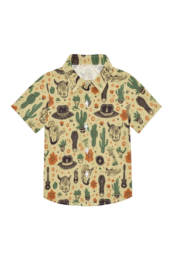 Small Short Sleeve Button Down Shirts Cactus Hat Guitar Stone Casual Shirt 3-10 Years