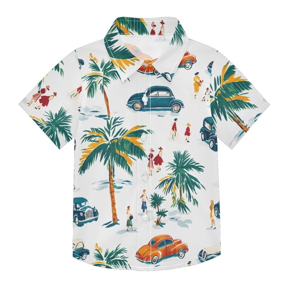 Dailycode Small Short Sleeve Button Down Shirts Car Tree People Casual Shirt 3-10 Years