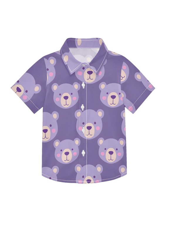 Small Short Sleeve Button Down Shirts Cartoon Bear Face Casual Shirt 3-10 Years