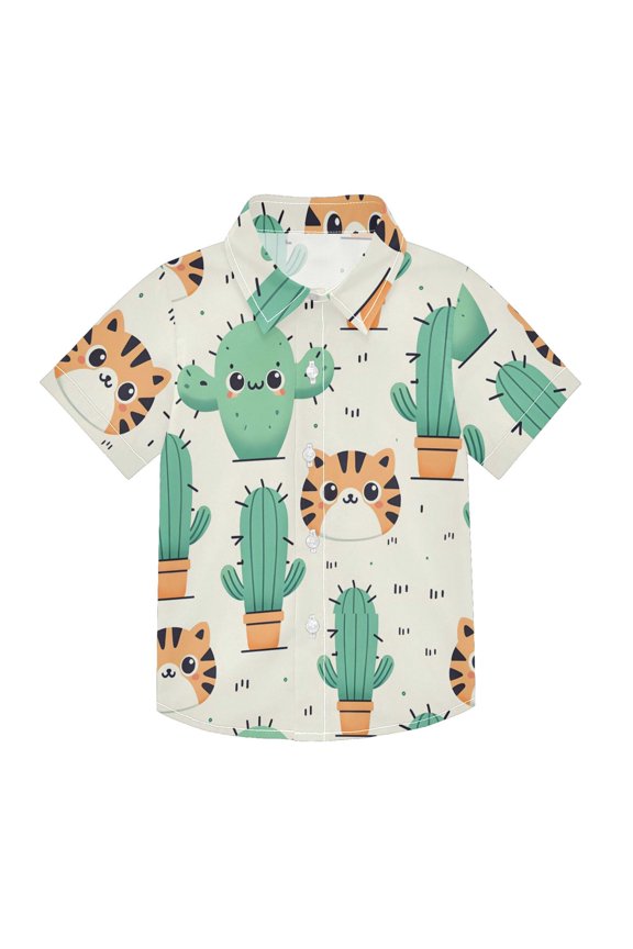 Small Short Sleeve Button Down Shirts Cartoon Cactus and Tiger Face Casual Shirt 3-10 Years