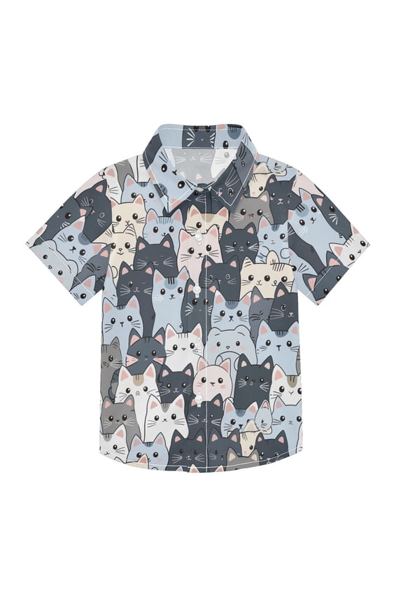 Small Short Sleeve Button Down Shirts Cartoon Cats Face Casual Shirt 3-10 Years