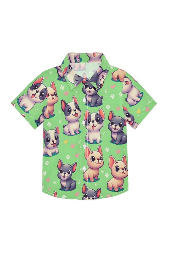 Small Short Sleeve Button Down Shirts Cartoon Cute French Bulldog Casual Shirt 3-10 Years