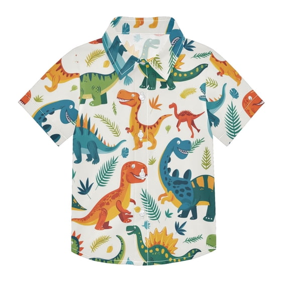 Dailycode Small Short Sleeve Button Down Shirts Cartoon Dinosaurs and Leaf Casual Shirt 3-10 Years