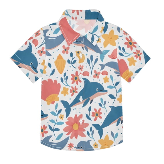 Dailycode Small Short Sleeve Button Down Shirts Cartoon Dolphins and Flowers Casual Shirt 3-10 Years