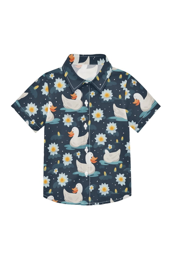 Small Short Sleeve Button Down Shirts Cartoon Duck and Daisies Flower Casual Shirt 3-10 Years