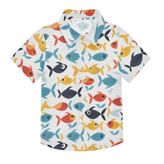 Dailycode Small Short Sleeve Button Down Shirts Cartoon Fishes Swimming Casual Shirt 3-10 Years
