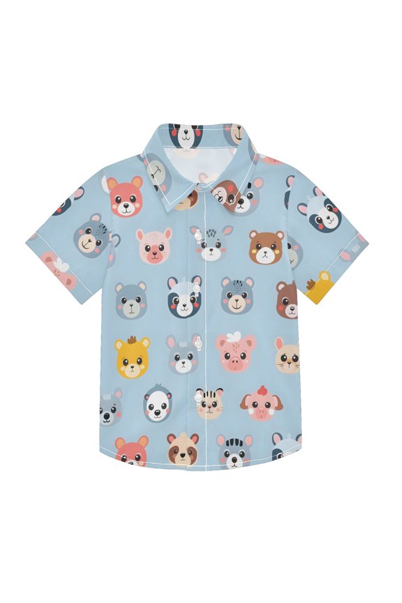 Small Short Sleeve Button Down Shirts Cartoon Happy Animal Face Casual Shirt 3-10 Years