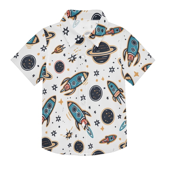 Dailycode Small Short Sleeve Button Down Shirts Cartoon Space Rockets and Planets Casual Shirt 3-10 Years