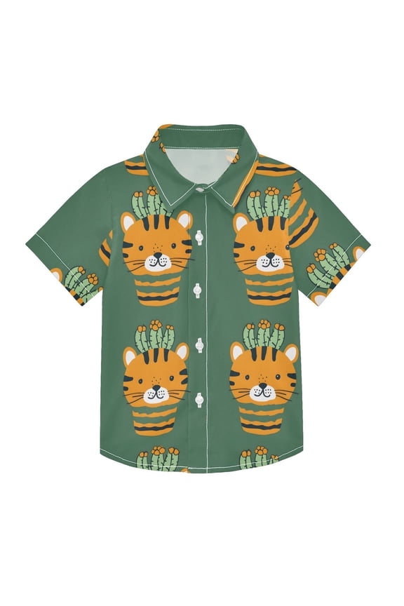 Small Short Sleeve Button Down Shirts Cartoon Tiger Face with Cactus Casual Shirt 3-10 Years
