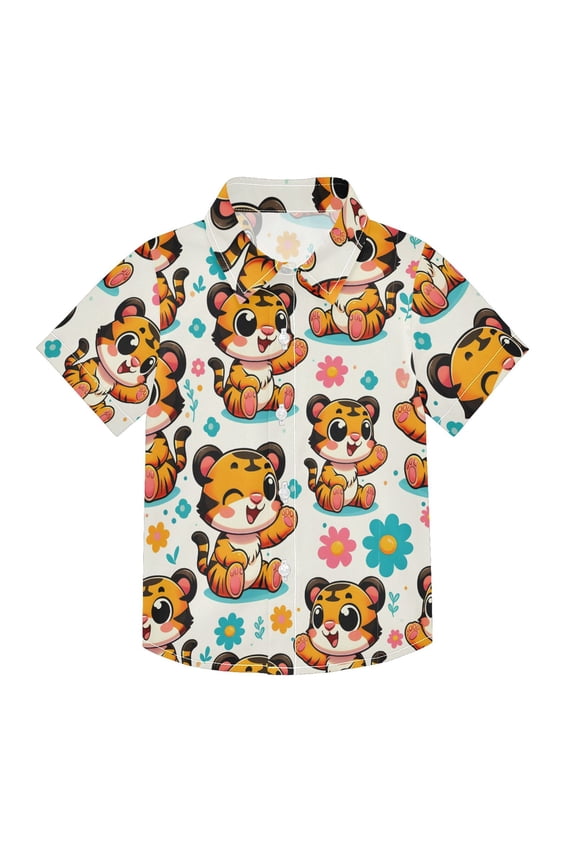 Small Short Sleeve Button Down Shirts Cartoon Tigers Sit Casual Shirt 3-10 Years