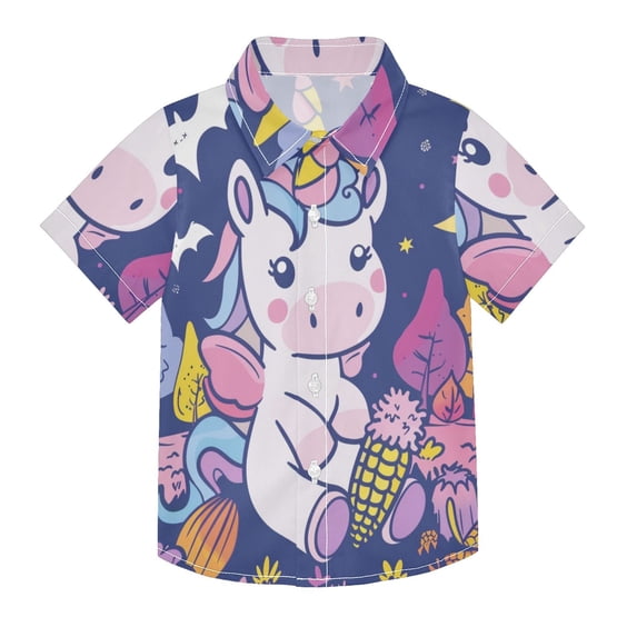Dailycode Small Short Sleeve Button Down Shirts Cartoon Unicorn Moon Corn Casual Shirt 3-10 Years