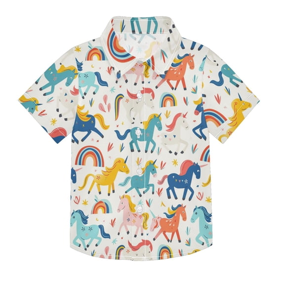 Dailycode Small Short Sleeve Button Down Shirts Cartoon Unicorns and Glass Casual Shirt 3-10 Years