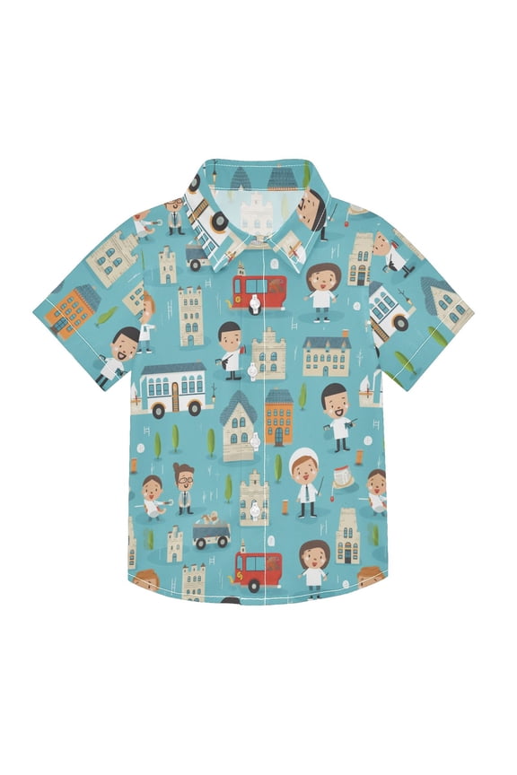 Small Short Sleeve Button Down Shirts Character House Car Casual Shirt 3-10 Years