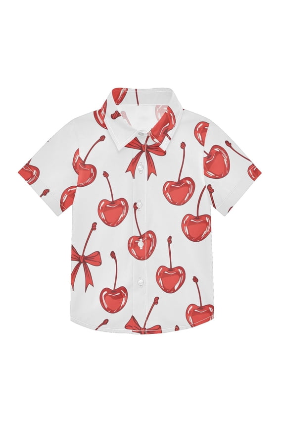 Small Short Sleeve Button Down Shirts Cherry and Bow Casual Shirt 3-10 Years