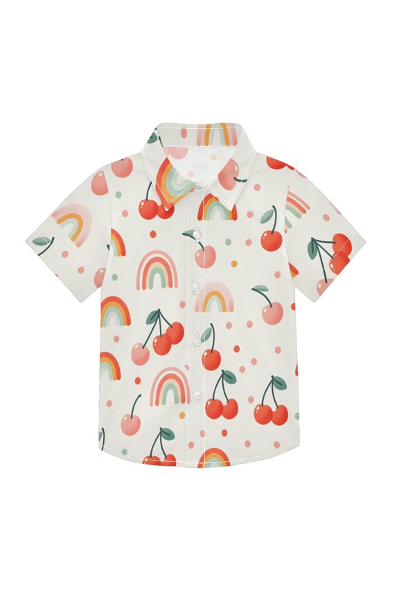 Small Short Sleeve Button Down Shirts Cherry and Rainbow Casual Shirt 3-10 Years