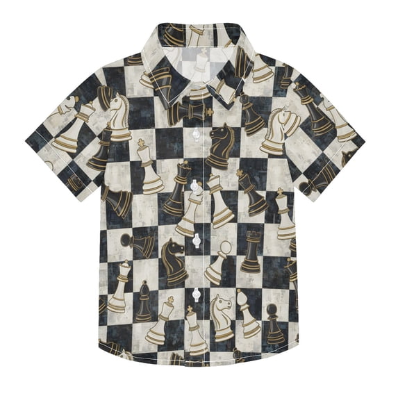 Dailycode Small Short Sleeve Button Down Shirts Chess Board and Pieces Casual Shirt 3-10 Years