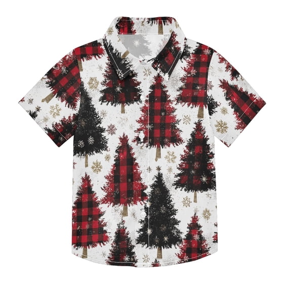 Dailycode Small Short Sleeve Button Down Shirts Christmas Tree with Plaid Casual Shirt 3-10 Years