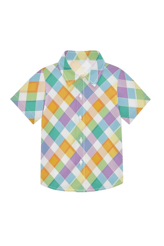 Small Short Sleeve Button Down Shirts Colorful Checkered Squares Casual Shirt 3-10 Years