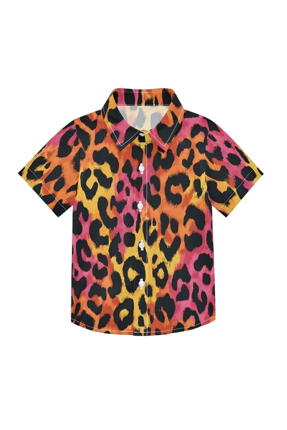 Small Short Sleeve Button Down Shirts Colorful Leopard Print Casual Shirt 3-10 Years