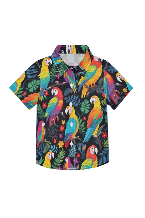 Small Short Sleeve Button Down Shirts Colorful Parrot Bird and Leaf Casual Shirt 3-10 Years