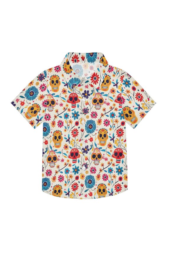 Small Short Sleeve Button Down Shirts Colorful Skulls and Flower Casual Shirt 3-10 Years