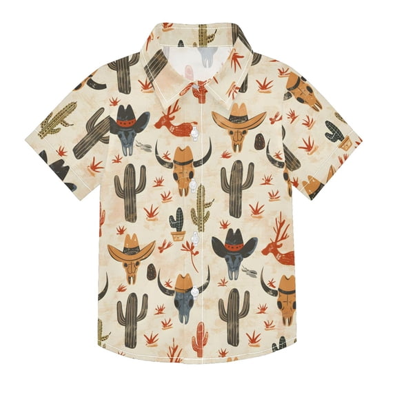 Dailycode Small Short Sleeve Button Down Shirts Cow Skull with Hat and Cactus Casual Shirt 3-10 Years