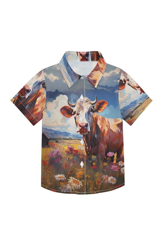Small Short Sleeve Button Down Shirts Cow in Flower Sea Casual Shirt 3-10 Years