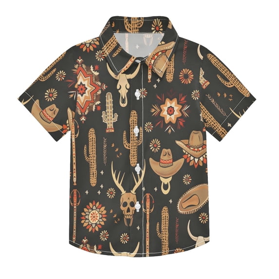 Dailycode Small Short Sleeve Button Down Shirts Cowboy Hat Cactus Cow Skull Casual Shirt 3-10 Years
