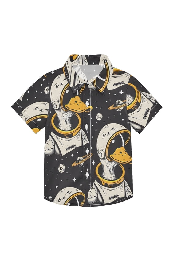 Small Short Sleeve Button Down Shirts Cute Astronaut Duck Casual Shirt 3-10 Years
