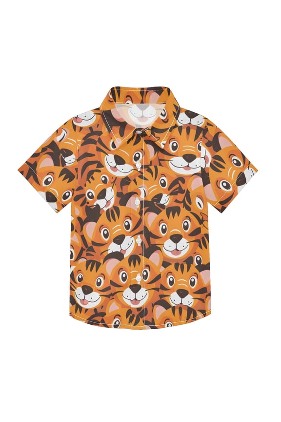 Small Short Sleeve Button Down Shirts Cute Baby Tigers Casual Shirt 3-10 Years