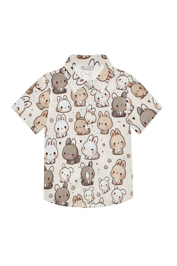 Small Short Sleeve Button Down Shirts Cute Bunny Rabbit Casual Shirt 3-10 Years