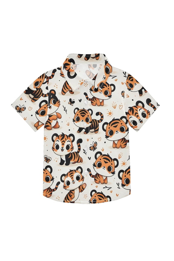 Small Short Sleeve Button Down Shirts Cute Cartoon Tiger Casual Shirt 3-10 Years