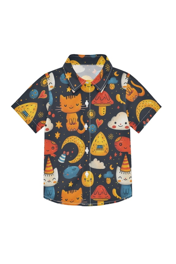 Small Short Sleeve Button Down Shirts Cute Cat Cloud Casual Shirt 3-10 Years