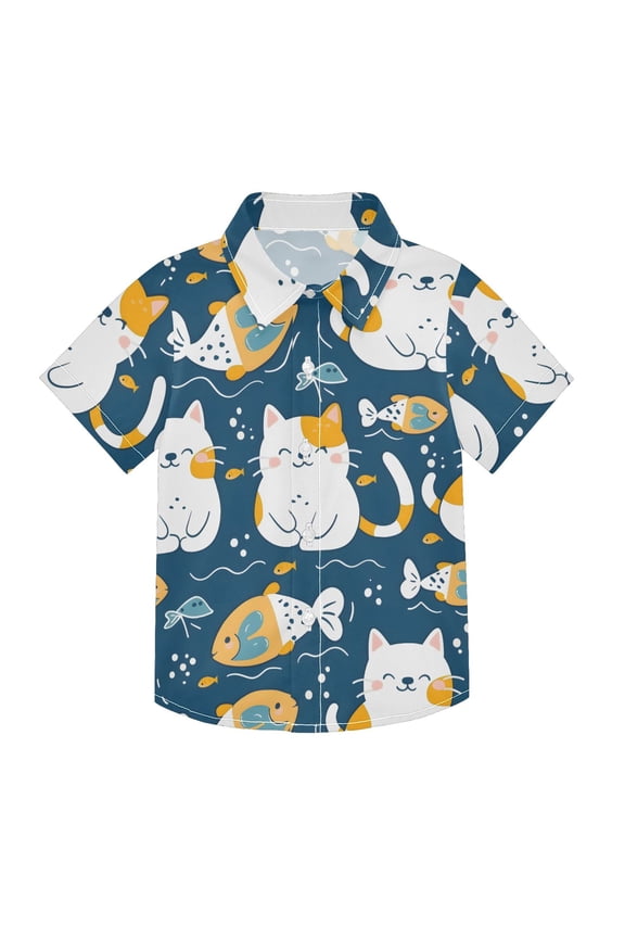 Small Short Sleeve Button Down Shirts Cute Cat with Fish Casual Shirt 3-10 Years