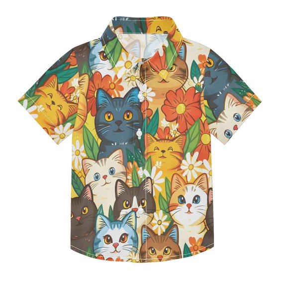 Dailycode Small Short Sleeve Button Down Shirts Cute Cats and Flowers Casual Shirt 3-10 Years
